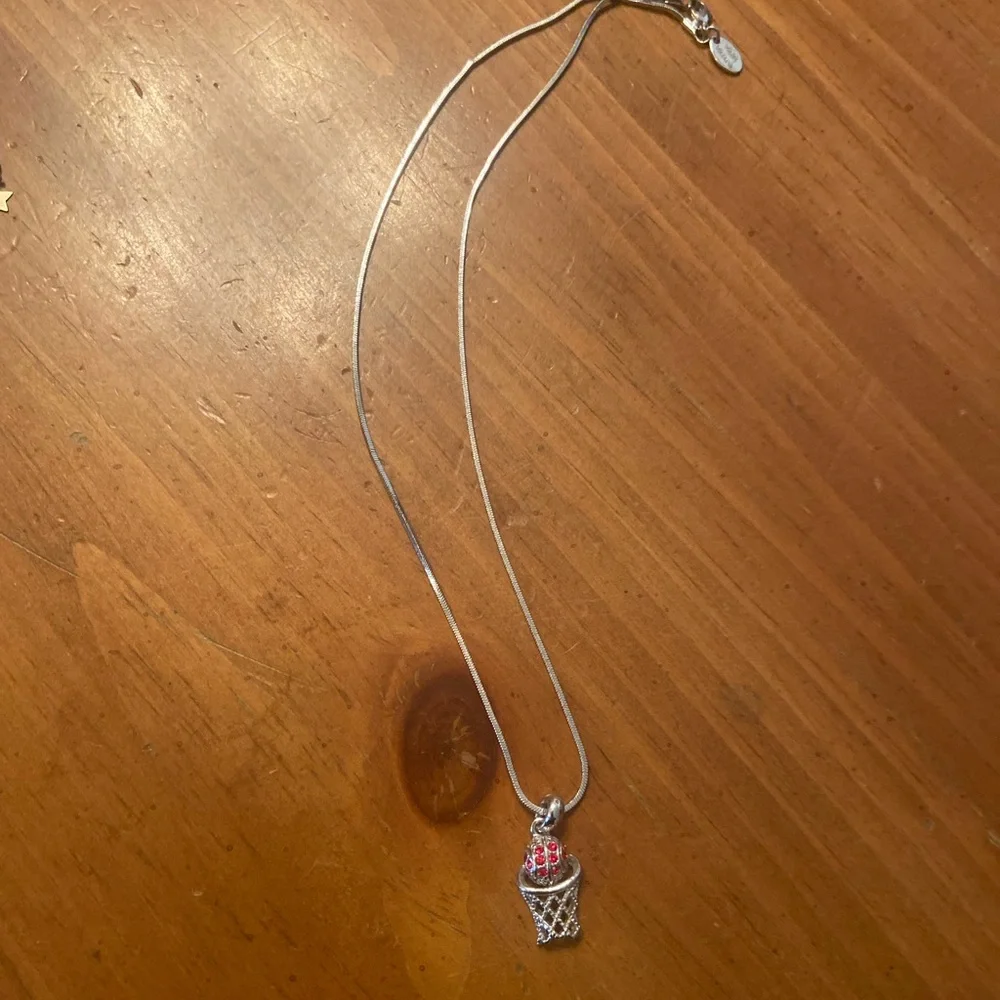 Silver color basketball necklace 9.5” with red crystals